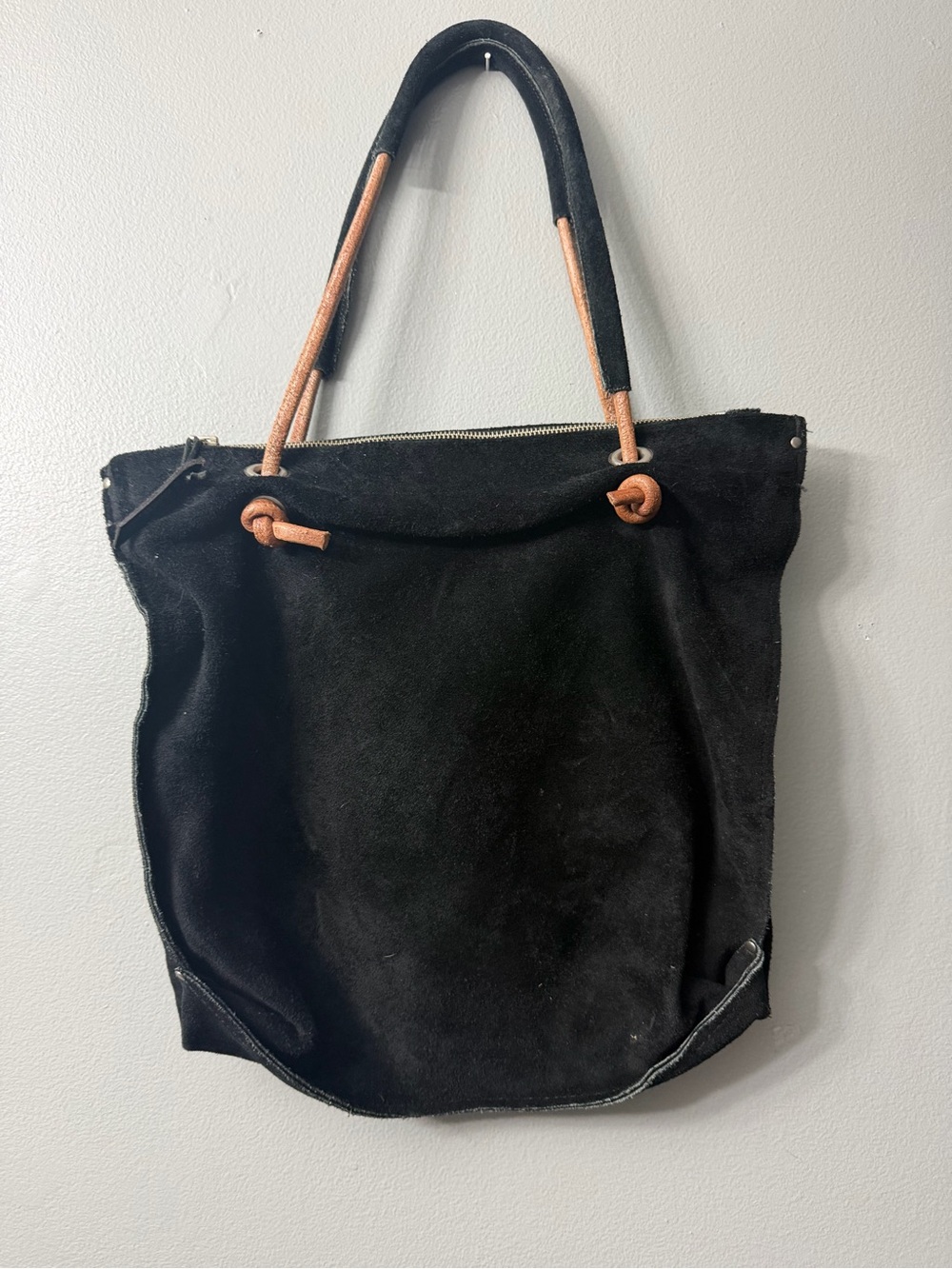 Dean Black Suede Tote Bag with Tan Handle Accents - Picture 2 of 11